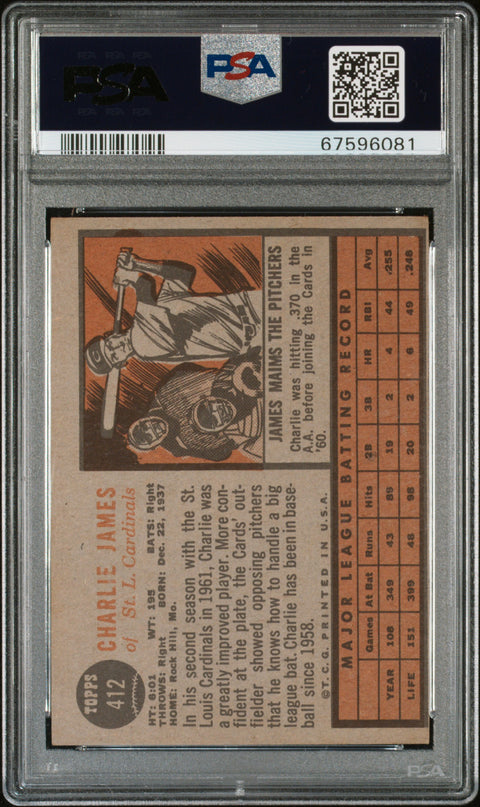 1962 Topps #412 Charlie James PSA 4 67596081