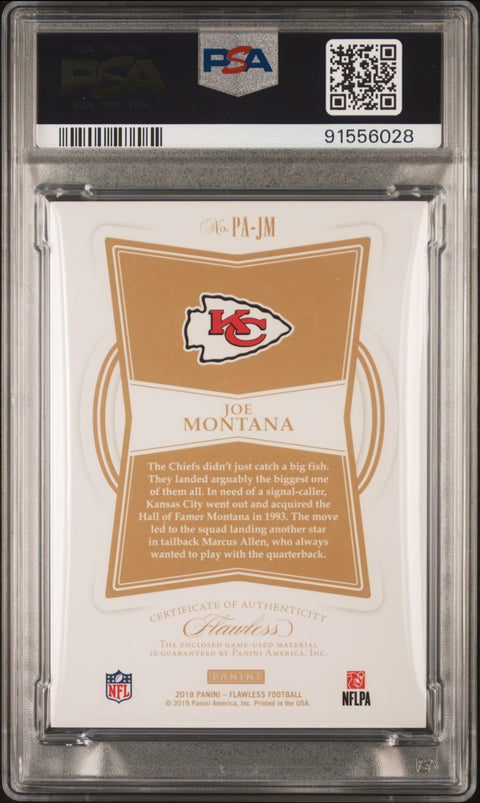 2018 Panini Flawless Patches #PA-JM Joe Montana Patches-Sapphire PSA 9