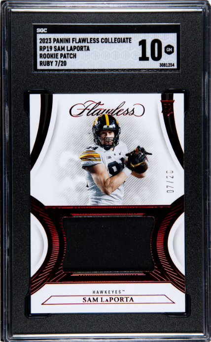 2023 Panini Flawless Collegiate #RP19 Sam Laporta Rookie Patch Ruby SGC 10