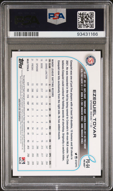 2022 Topps Pro Debut #PD64 Ezequiel Tovar Autograph PSA 10 93431166