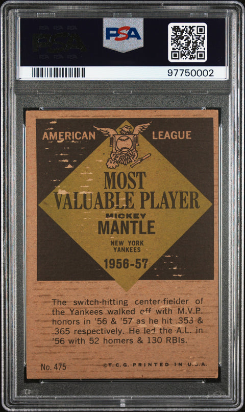 1961 Topps #475 Mickey Mantle Mvp PSA 2 97750002