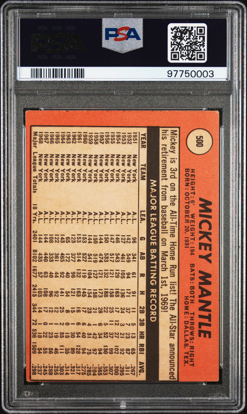 1969 Topps #500 Mickey Mantle Last Name In Yellow PSA 3 97750003