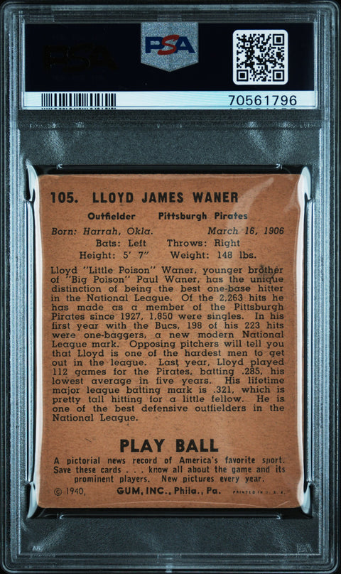 1940 Play Ball #105 Lloyd Waner PSA 3