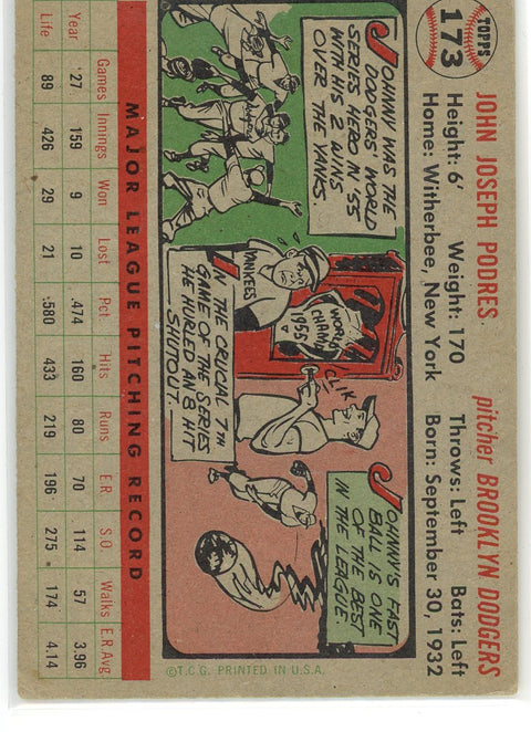 1956 Topps #173b Johnny Podres Gray Back