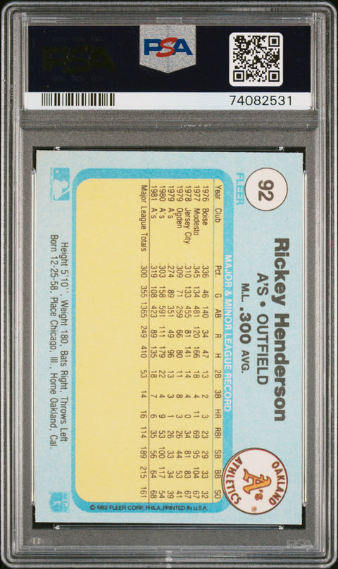 1982 Fleer #92 Rickey Henderson PSA 7