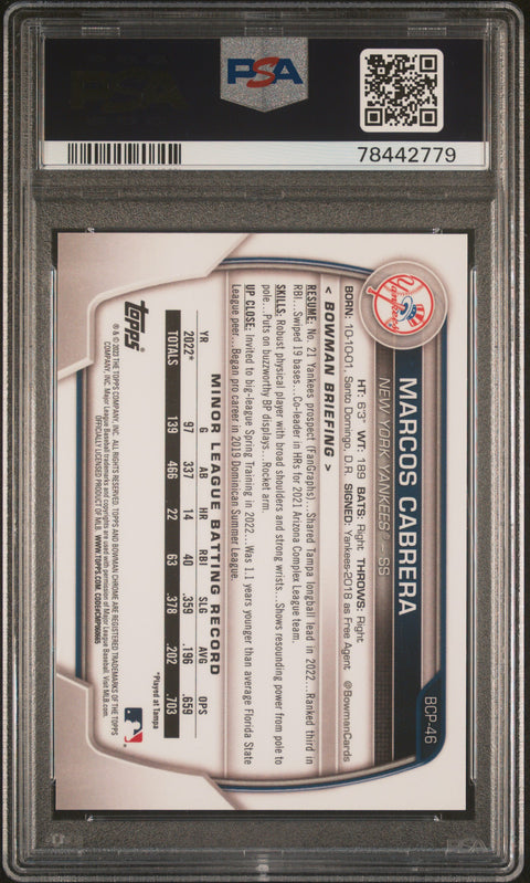 2023 Bowman Chrome Prospects #BCP46 Marcos Cabrera Chr Pros-Purple Raywave PSA 9