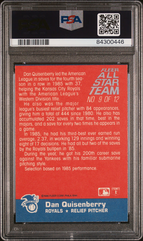 1986 Fleer All-Stars #9 Dan Quisenberry PSA 8