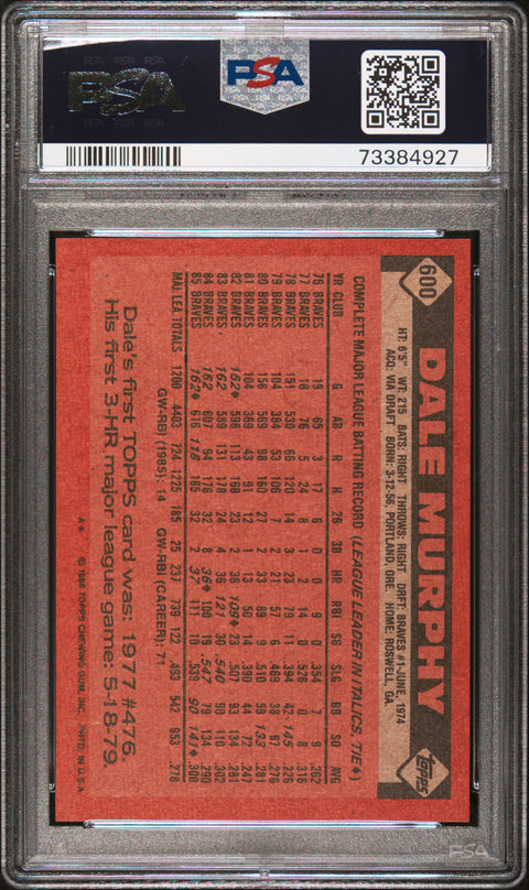 1986 Topps #600 Dale Murphy PSA 9