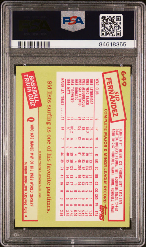 1985 Topps Tiffany #649 Sid Fernandez PSA 9