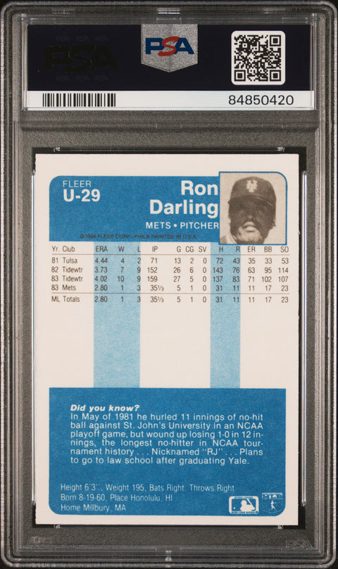 1984 Fleer Update #U-29 Ron Darling PSA 9