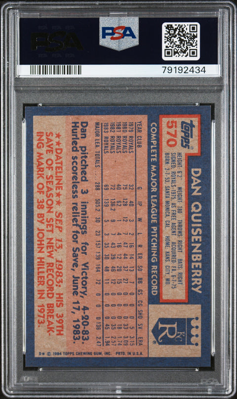 1984 Topps #570 Dan Quisenberry PSA 8