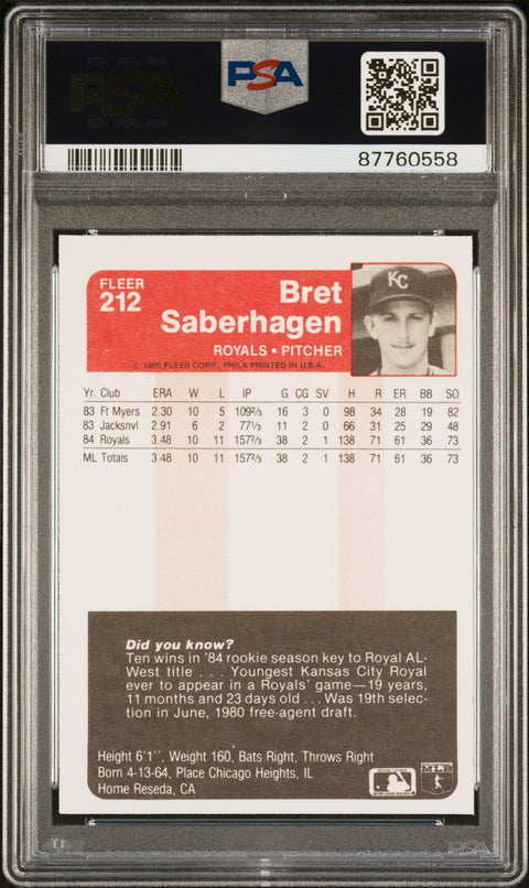 1985 Fleer #212 Bret Saberhagen PSA 8