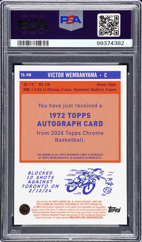 2023 Topps Chrome #TAVW Victor Wembanyama 1972 Topps Auto-Orange /25 PSA 9