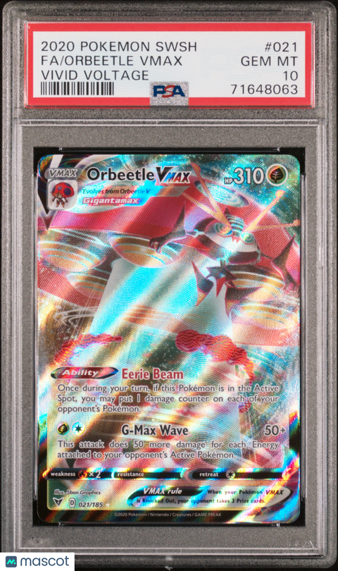 2020 PokéMon TCG Orbeetle Vmax Fa #021 PSA 10