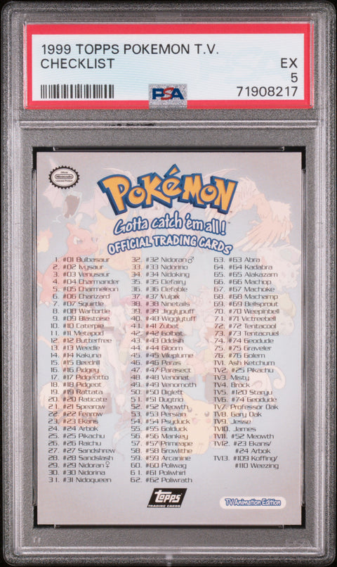 1999 Topps Pokemon Tv Checklist PSA 5